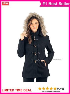Wool Blend Toggle Duffle Coat Removable Faux Fur Hood Winter Jacket